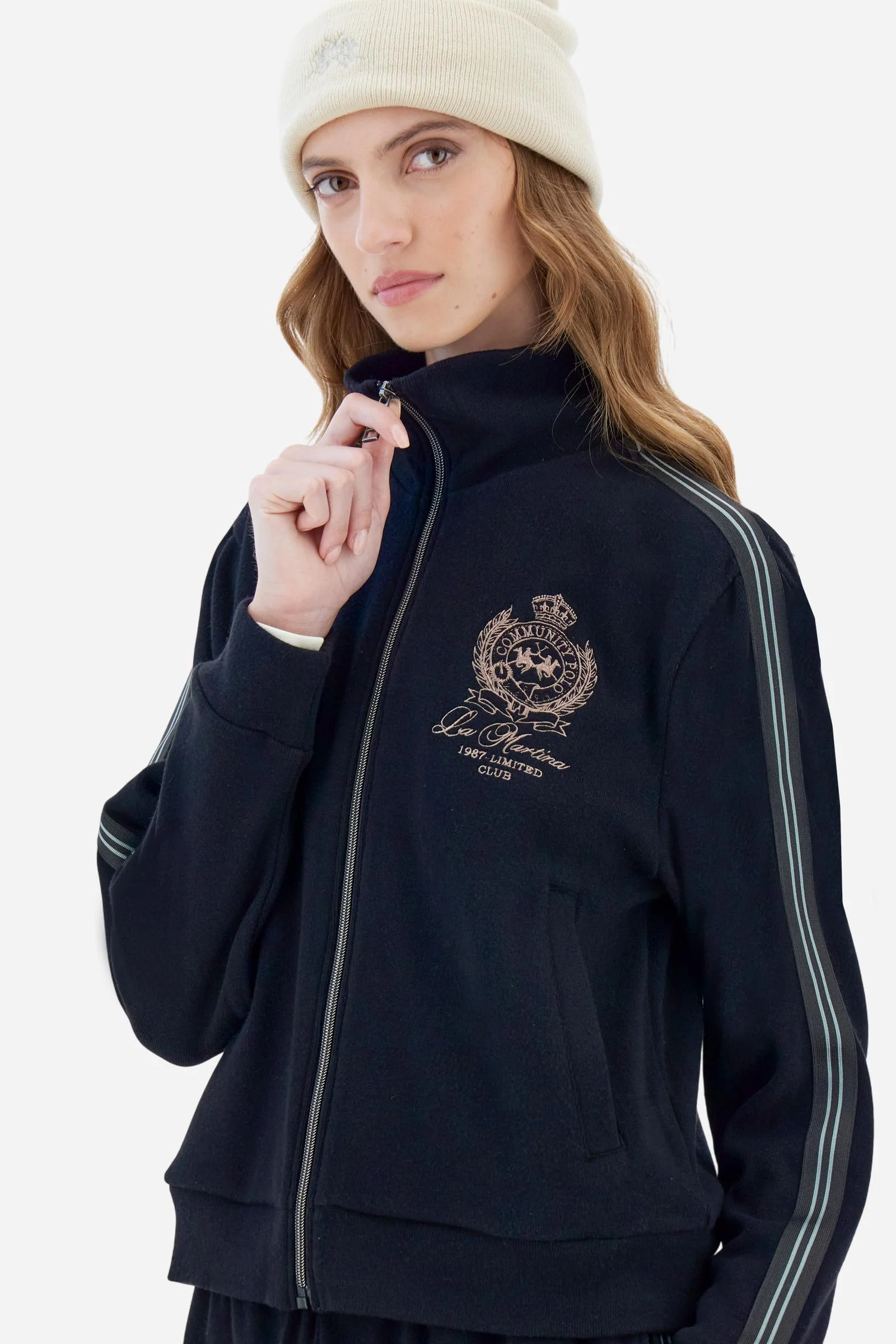 Damen-Sweatjacke mit Reißverschluss aus Interlock mit gestreiften Bändern - Betty - Image 3